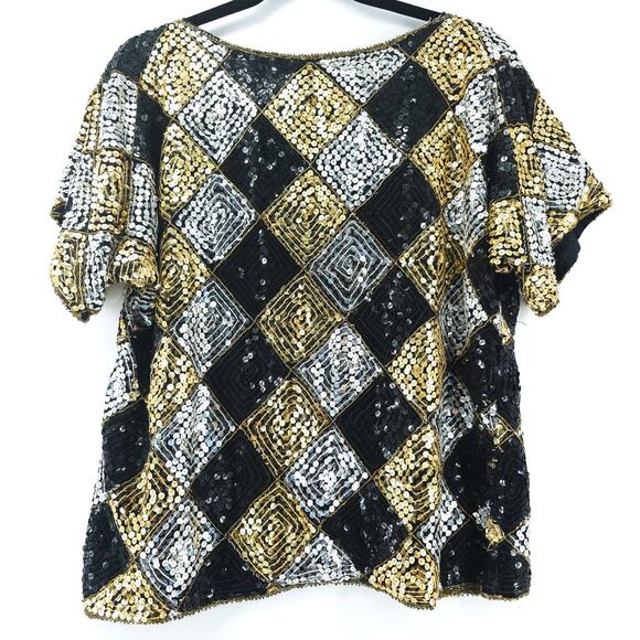Vtg Scala Sequin Harlequin Silk Blouse Beaded Neck & Hem Short Sleeve Blouse PL - Picture 10 of 14